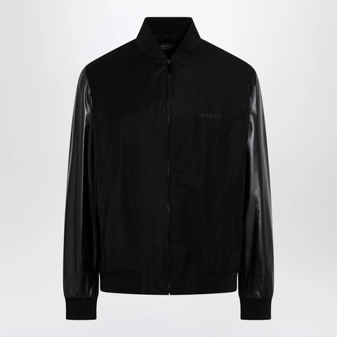 GUCCI Fabric bomber with nappa leather sleeves, black