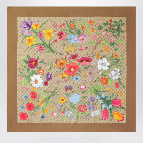 GUCCI Wool and silk shawl with Flora and GG print in shell