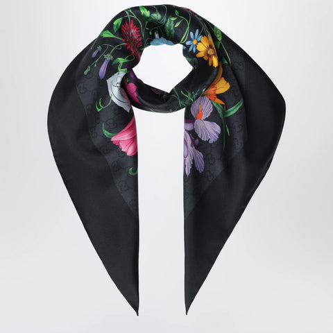 GUCCI Silk twill carré with GG Flora print in black