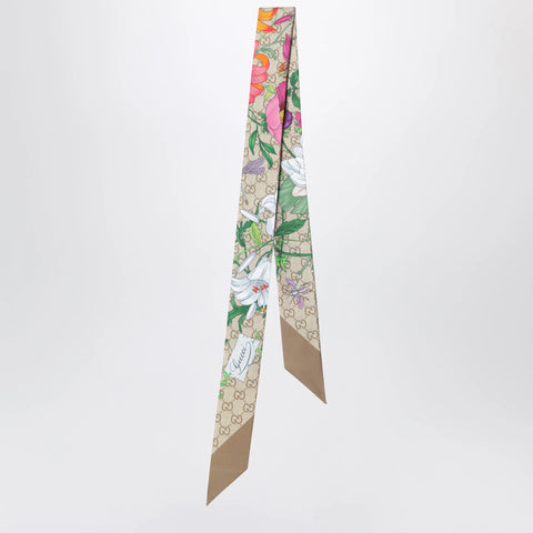 GUCCI Silk ribbon with GG Flora print in light brown