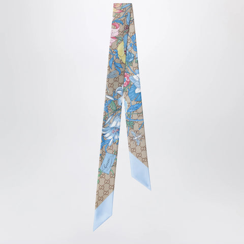 GUCCI Printed silk ribbon with Flora motif in light blue
