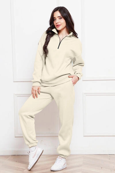 Half Zip Long Sleeve Sweatshirt and Pants Set Ivory-Sets-Blak Wardrob-S-Urbanheer