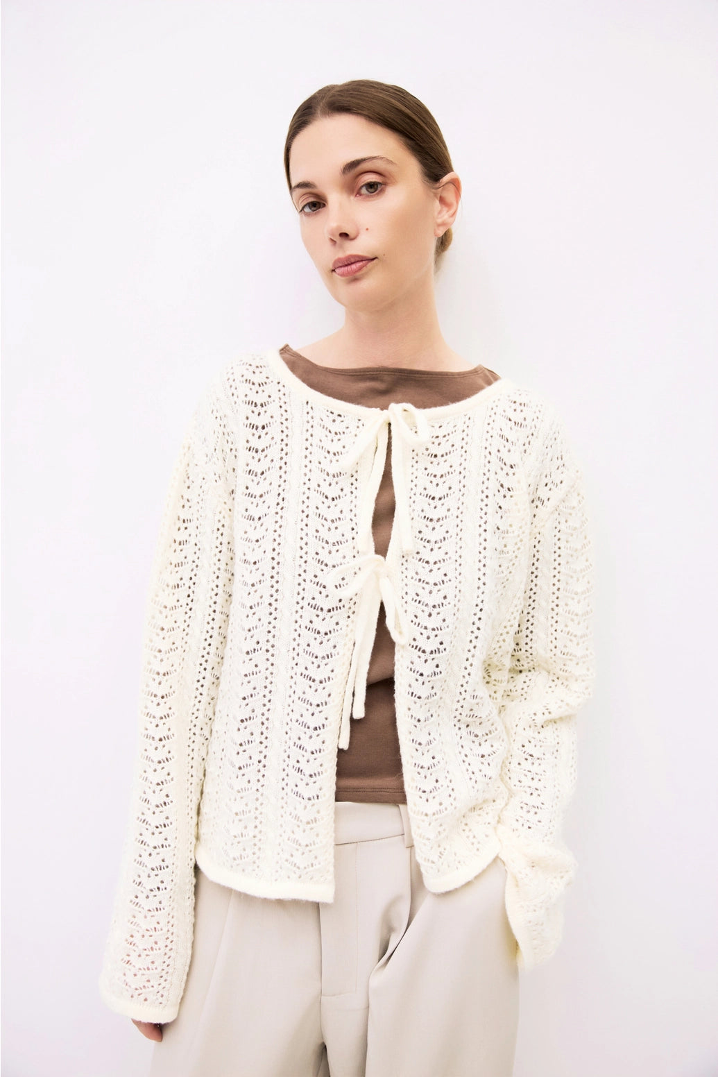 The Avia Cardigan Pointelle Tie Front Cardigan