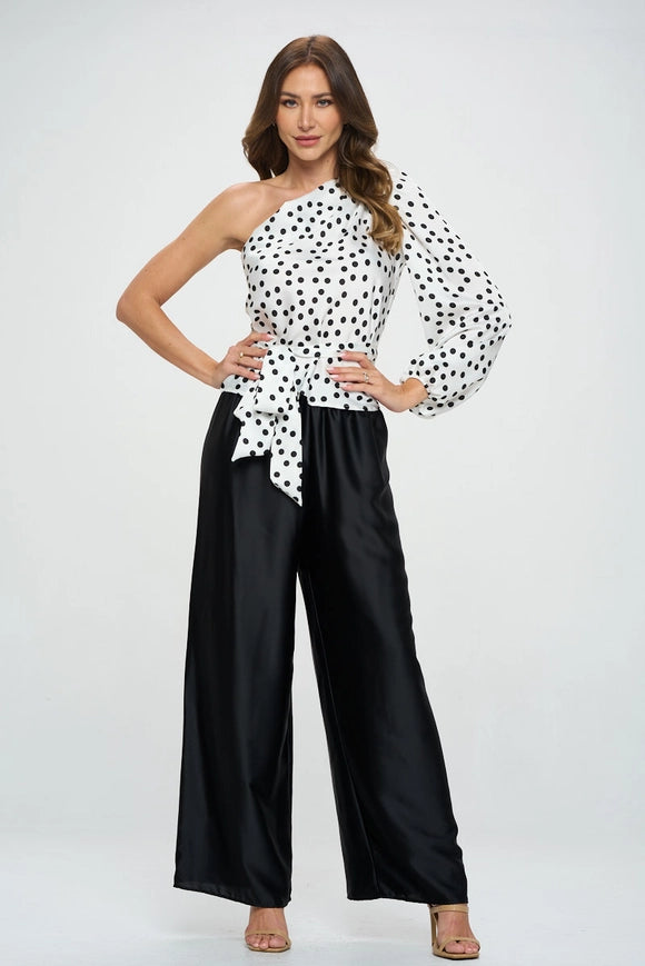 Polka Dot One Shoulder Formal Top with Tie-Top-Renee C.-WHITE/BLACK-S-Urbanheer