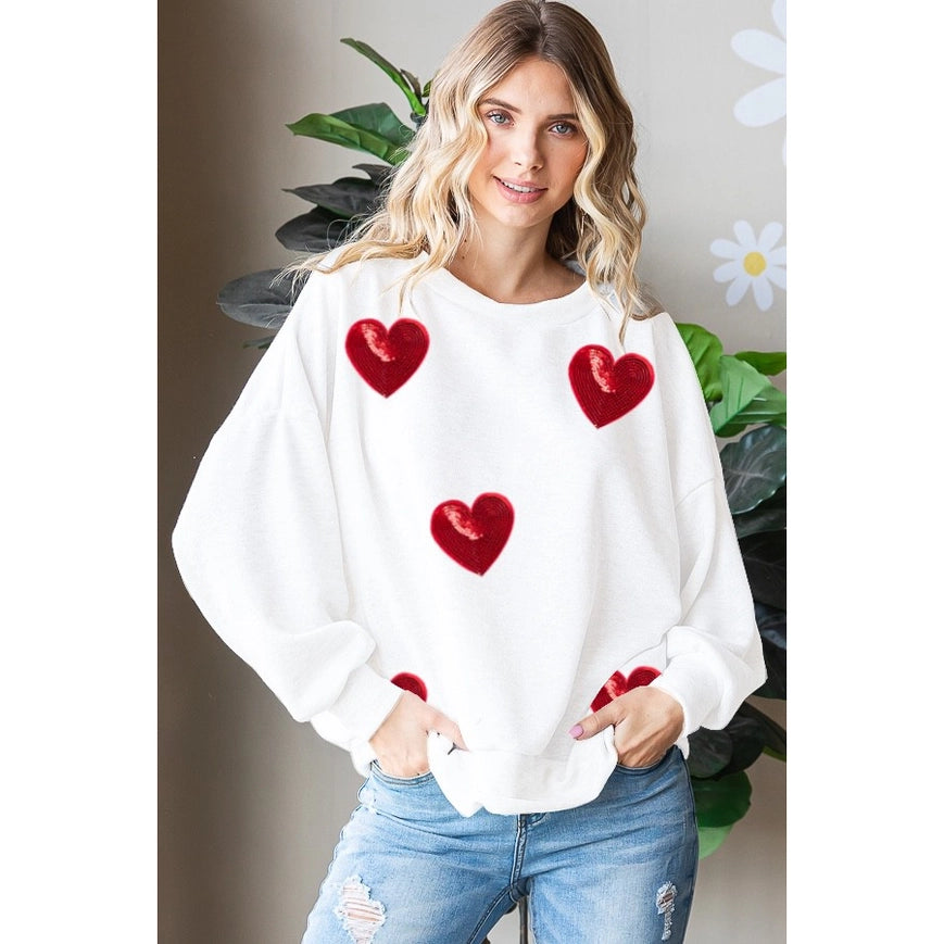 Sequined Heart Patch Sweatshirt-Sweatshirt-Peace Love Line-S-H GREY/PINK HEARTS-Urbanheer