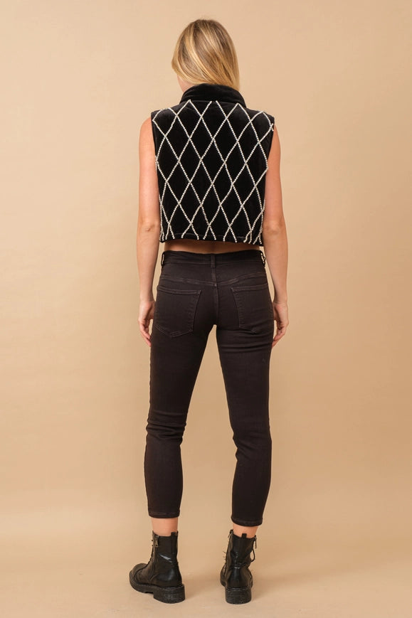 Velvet Quilted Rhinestone Embellished Crop Vest Black-Vest-Blue B-S-Urbanheer