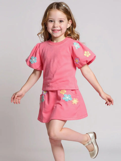 Puff Sleeve Top w/ Flower Trim Detail