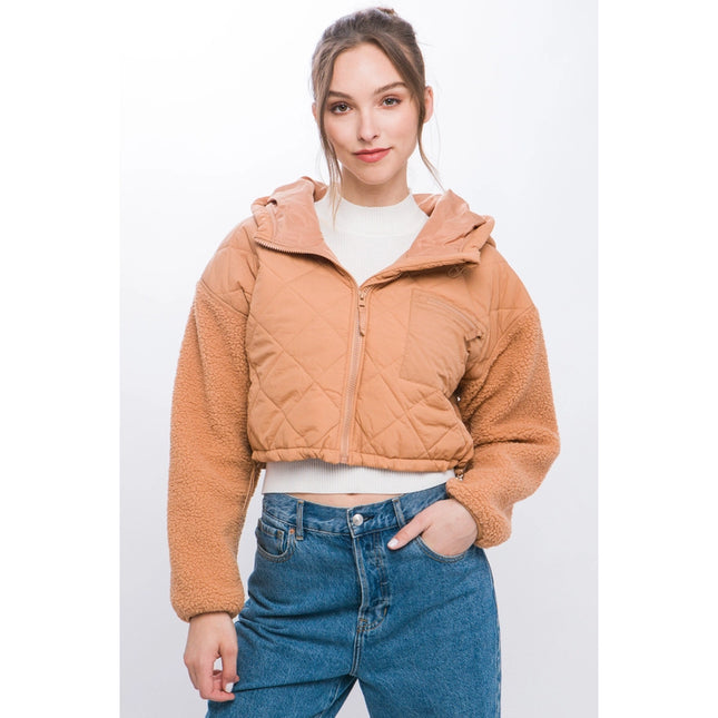 Diagonal Quilt Cropped Sherpa Arm Zip Up Jacket