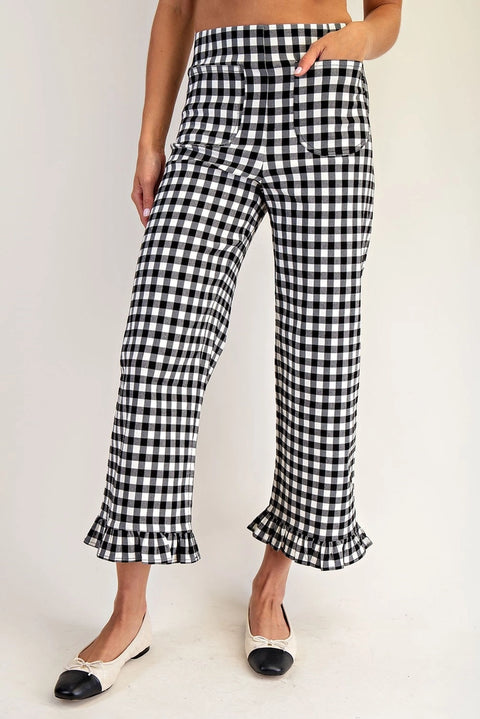 Gingham Ruffle Trim Straight Leg Pants