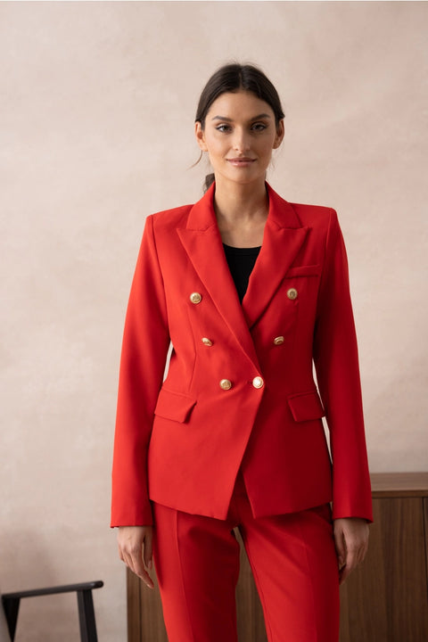 Timeless Fitted Double-Breasted Suit Jacket with Gold Buttons Red