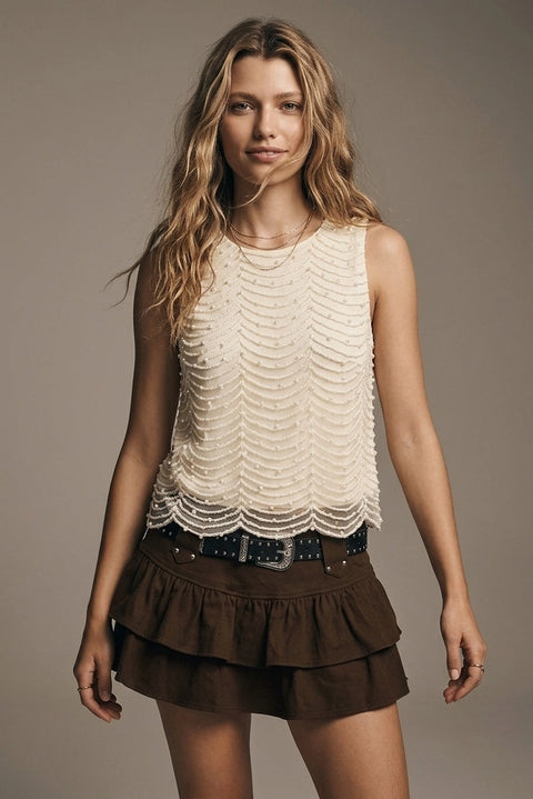 Cream Embellished Beaded Scallop Hem Sleeveless Blouse Top