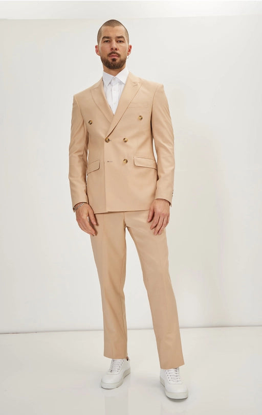 Super 120S Merino Wool Double Breasted Suit - Tan-Suit Jacket and Pants-Ron Tomson-Urbanheer