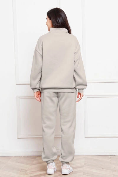 Half Zip Long Sleeve Sweatshirt and Pants Set Light Gray-Sets-Blak Wardrob-Urbanheer