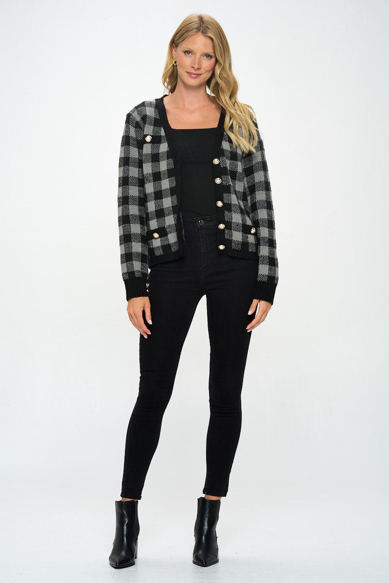 Checkered Knit Open Front Mini Cardigan With Buttons-Renee C.-S-Urbanheer