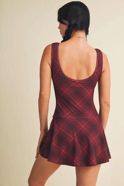 Plaid Print A-Line Mini Dress with Drop Waist