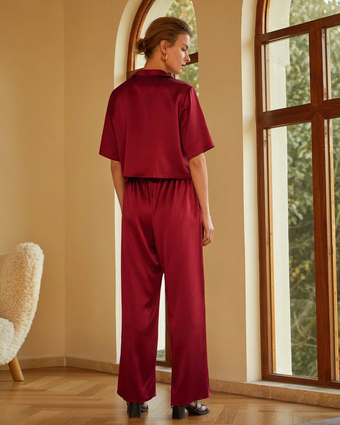 Short Sleeve Silk Pajamas Claret-Pajamas-MommeSilk-XS-Urbanheer