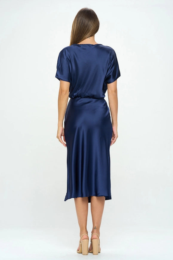Satin Stretch Print Dress With Slit-Dress-Renee C.-S-NAVY-Urbanheer