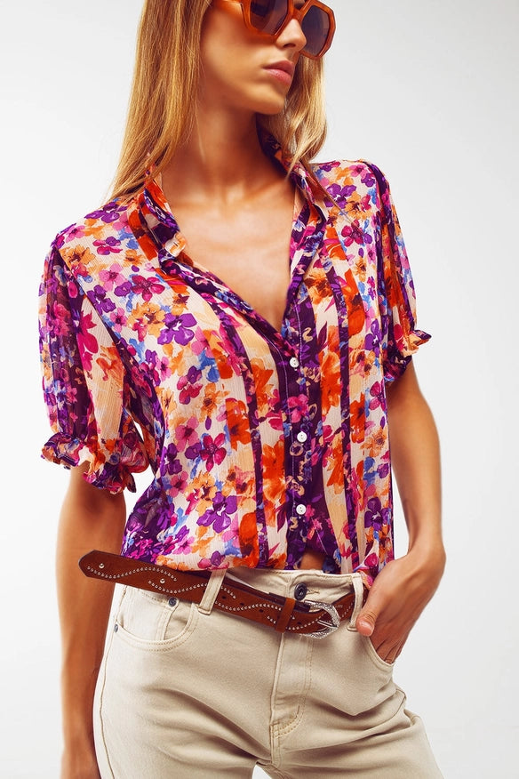 Button Down Shirt with Floral Print and Puff Short Sleeves-Top / Shirt / Blouse-Q2-Urbanheer