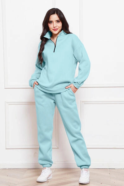 Half Zip Long Sleeve Sweatshirt and Pants Set Pastel Blue-Sets-Blak Wardrob-S-Urbanheer