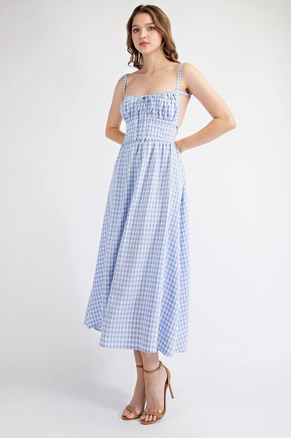 Gingham Midi Dress with Open Back Strap BLUE/WHT-Dress-EDIT by NINE-S-Urbanheer