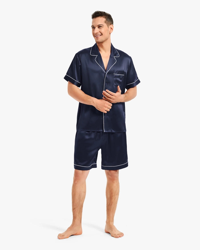 Piped Silk Short Pajamas Navy Blue-Sets-MommeSilk-XS-Urbanheer
