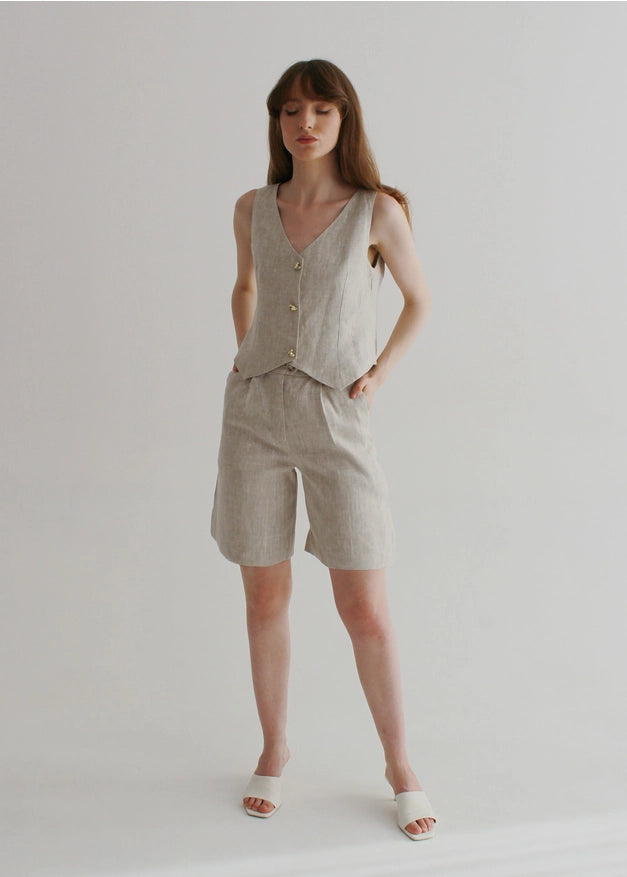 Set Of Beige Linen Shorts And Waistcoat-Sets-Nich Linen-XXS-Urbanheer