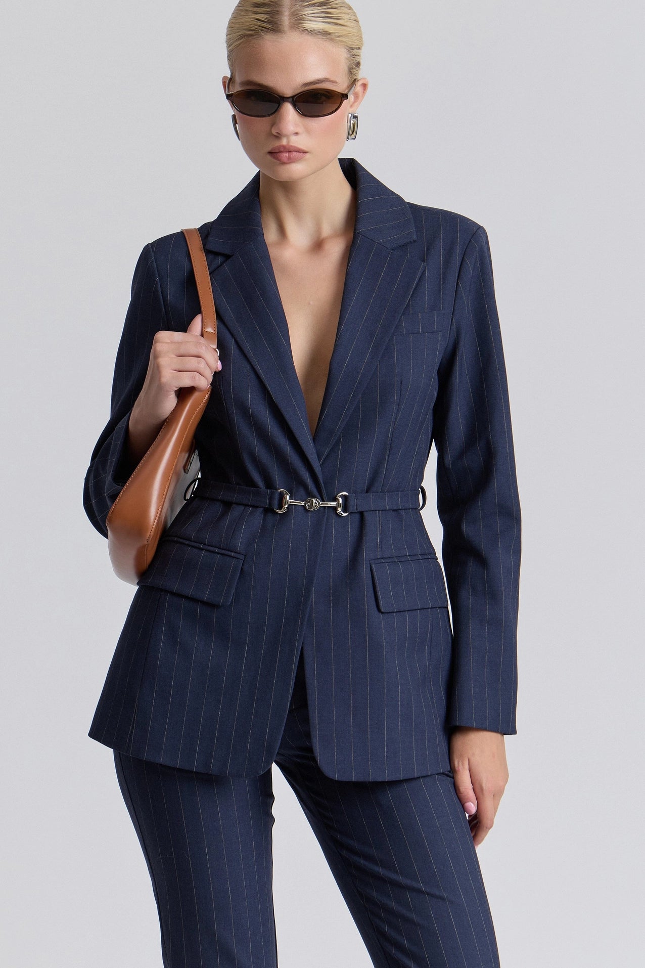 Pinstripe Belted Blazer