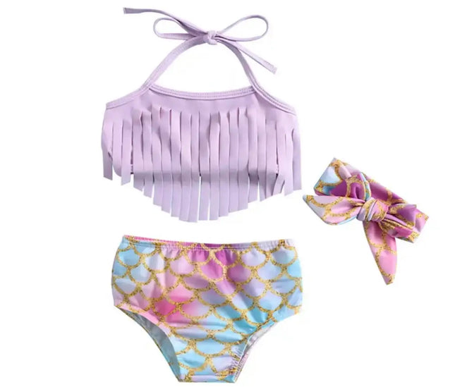 Mermaid Swimsuit Two Piece Fringe Teal Purple Halter Set-Little loppy Lunas-Urbanheer