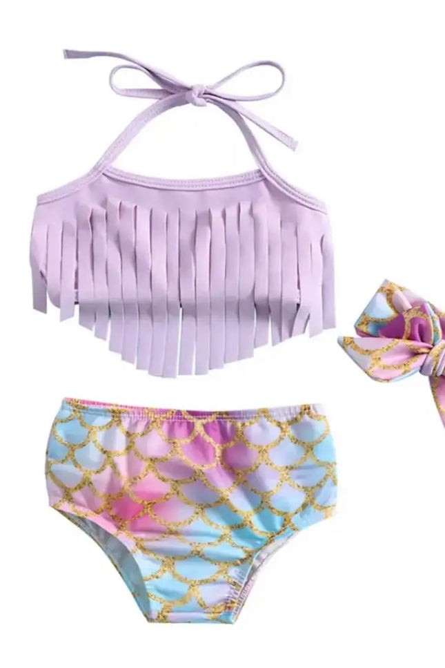 Mermaid Swimsuit Two Piece Fringe Teal Purple Halter Set-Little loppy Lunas-Urbanheer