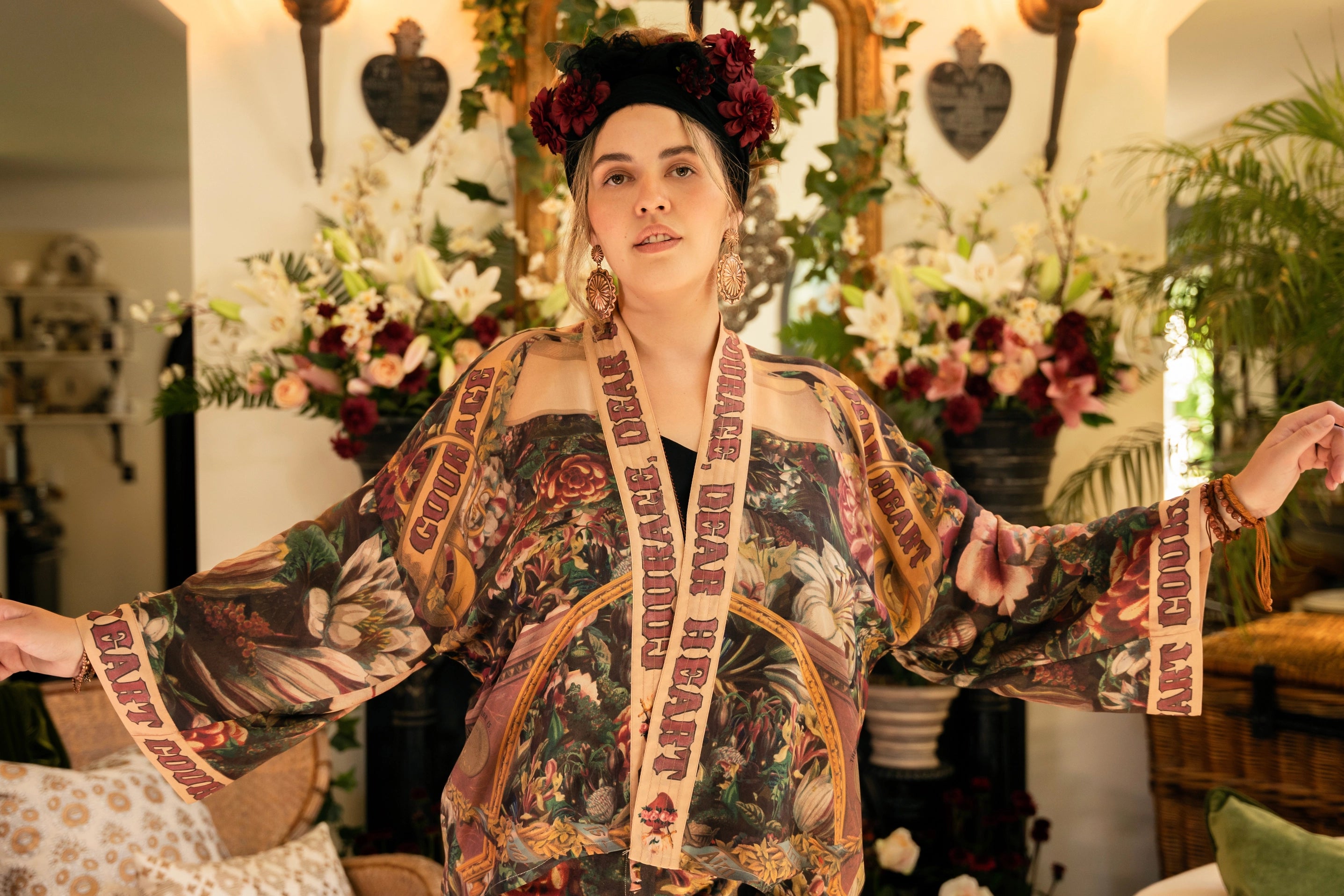 Courage Deart Heart Cropped Bamboo Kimono with Sacred Heart