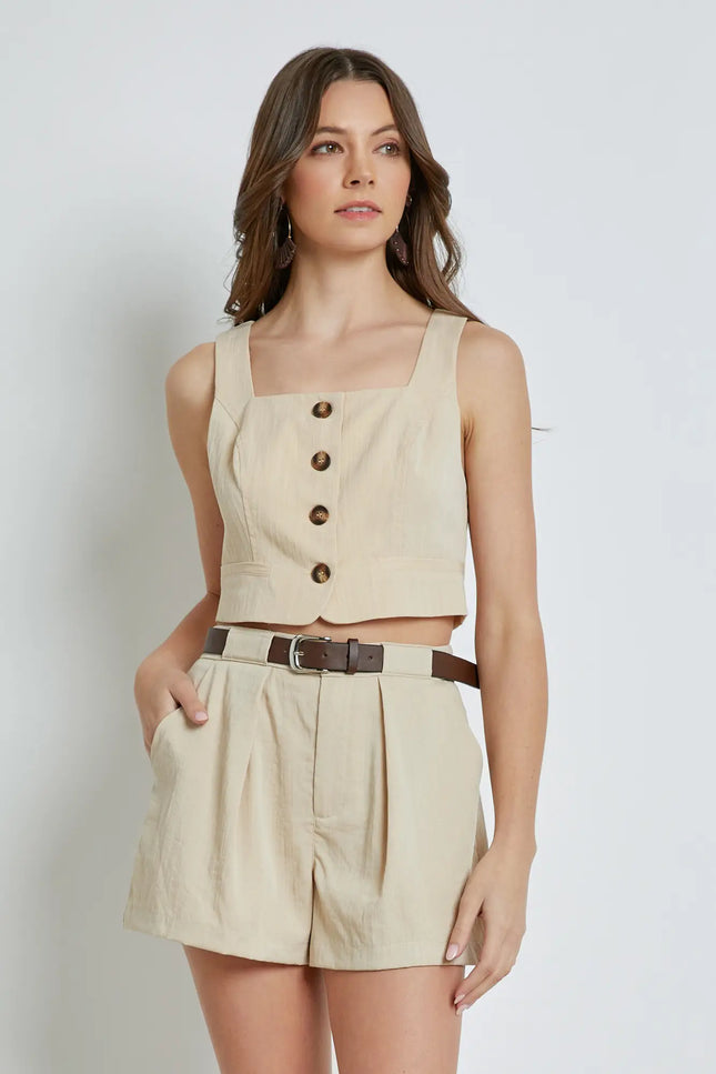 Square Neck Button Tailored Vest Top - Sand-Mustard Seed-Urbanheer