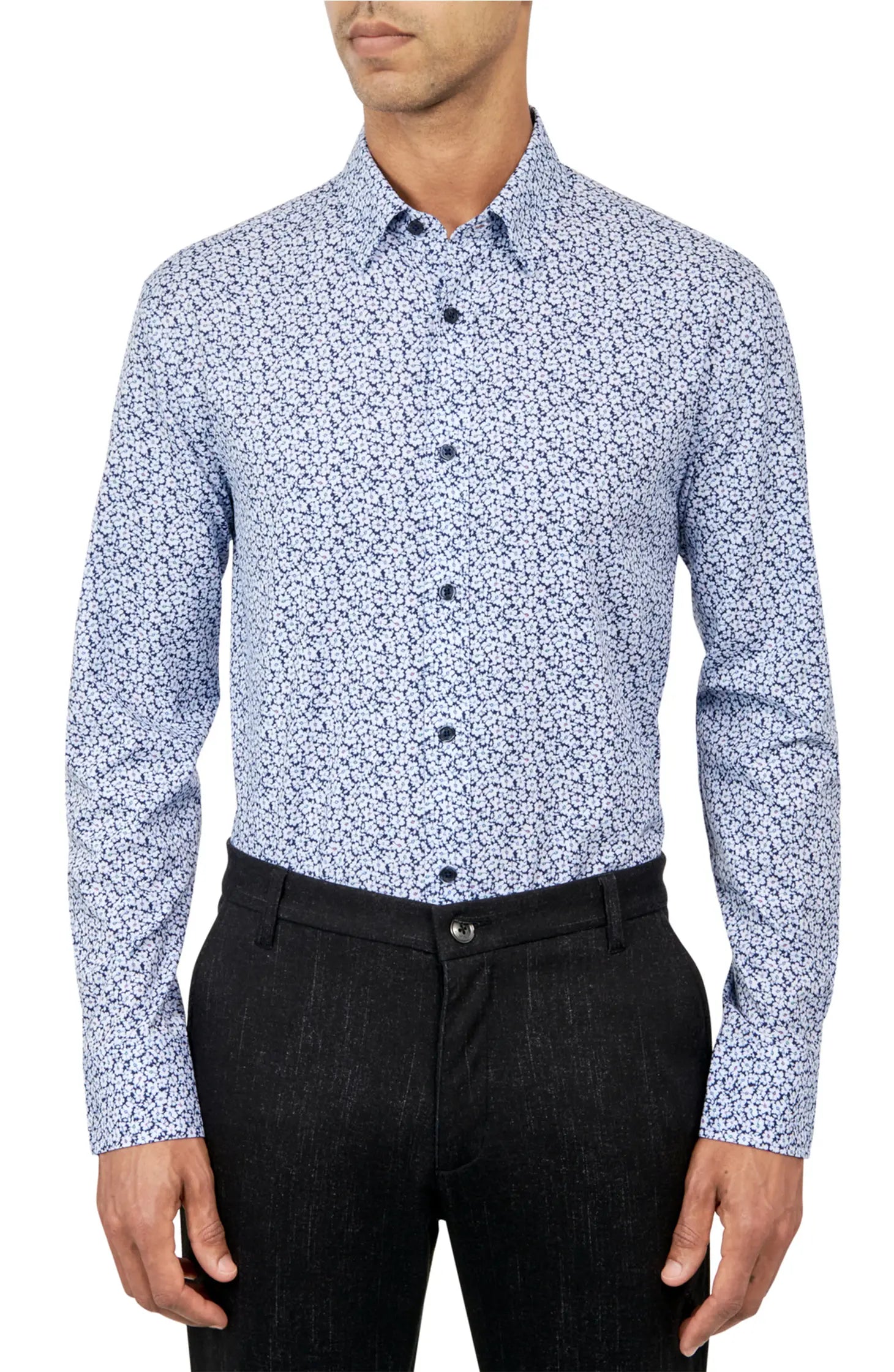 Navy Floral Print 4-Way Stretch Regular Fit Dress Shirt-W.R.K-15-Urbanheer