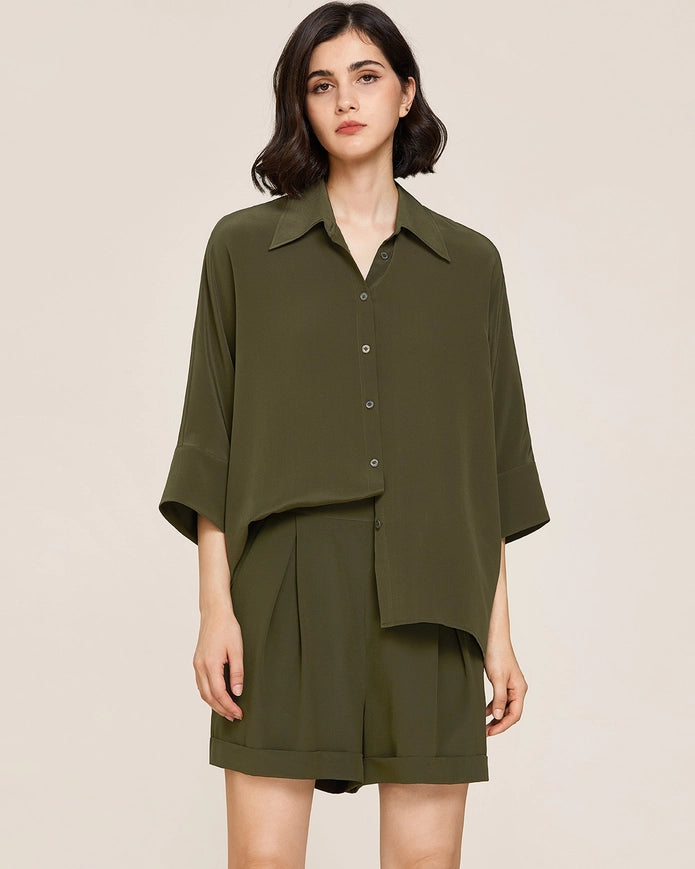 Weekend Oversize Silk Blouse Olive Green-BLOUSE-MommeSilk-XS-Urbanheer