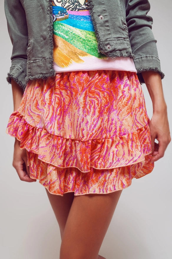 Shorts with Frilly Hem in Abstract Zebra Print in Orange-Shorts-Q2-S-Urbanheer