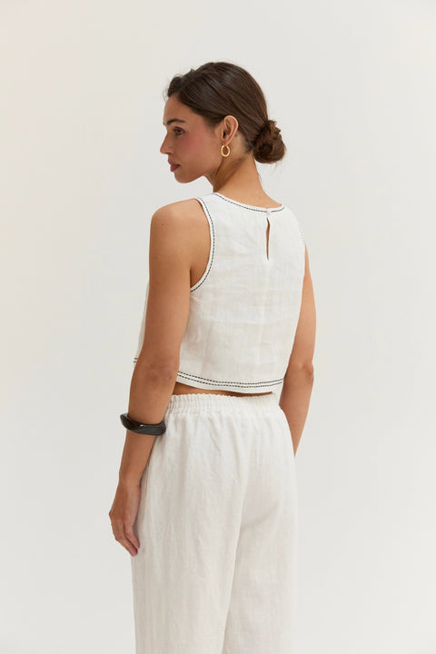 Devin Contrast Stitch Cropped Top & Pants Linen Set