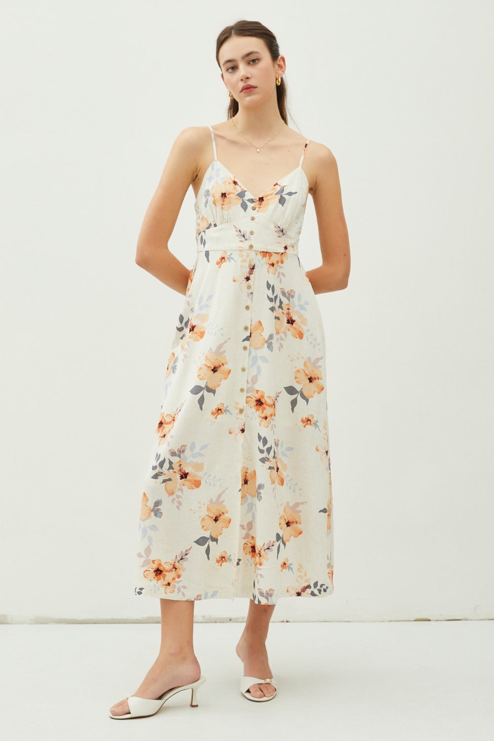 Be Cool Floral Button Down Cami Midi Dress-Street 360-PEACH HIBISCUS-S-Urbanheer