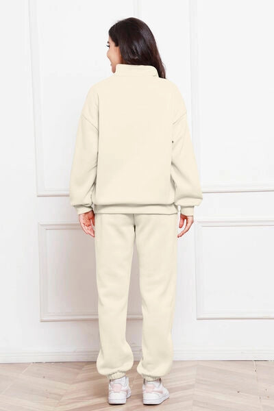 Half Zip Long Sleeve Sweatshirt and Pants Set Ivory-Sets-Blak Wardrob-Urbanheer