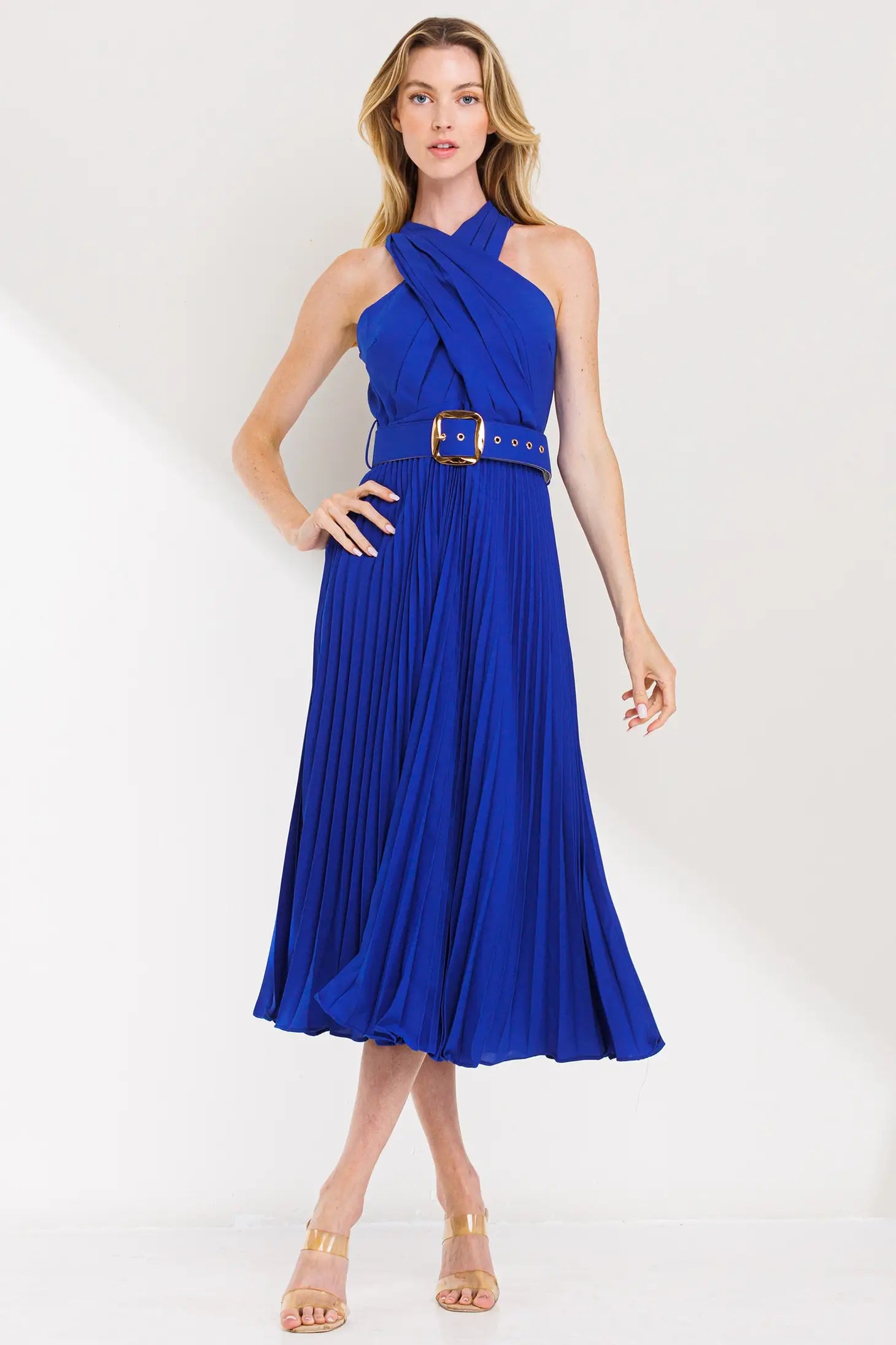 Cross Over Pleats Midi Dress- Blue-Clothing - Women-Neon Blush-S-Blue-Urbanheer