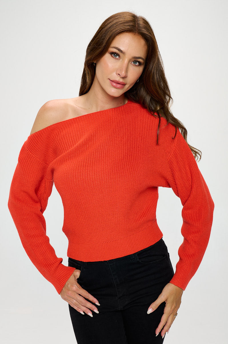 Ribbed Knit Vibrant Off Shoulder Knit Sweater-Renee C.-S-Urbanheer