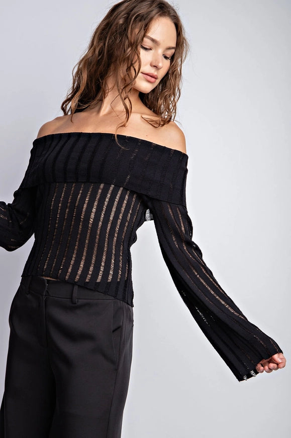 Sheer Knit Off Shoulder Flared Sleeves Top Black-Top-EDIT by NINE-S-Urbanheer