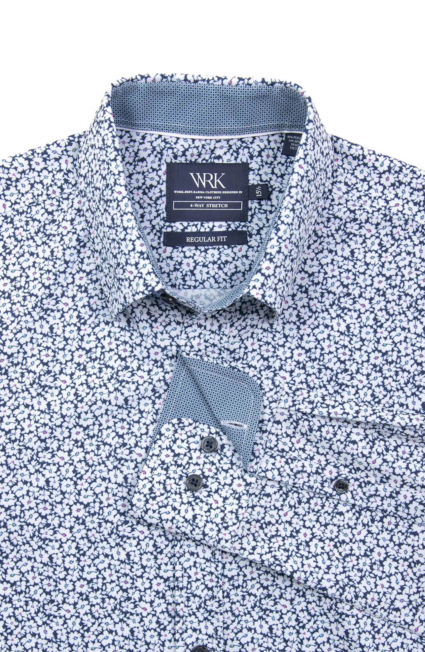 Navy Floral Print 4-Way Stretch Regular Fit Dress Shirt-W.R.K-15-Urbanheer