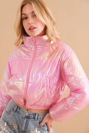 Windbreaker Metallic Puffer Crop Zip Up Jacket Pink-Jacket-Blue B-S-Urbanheer