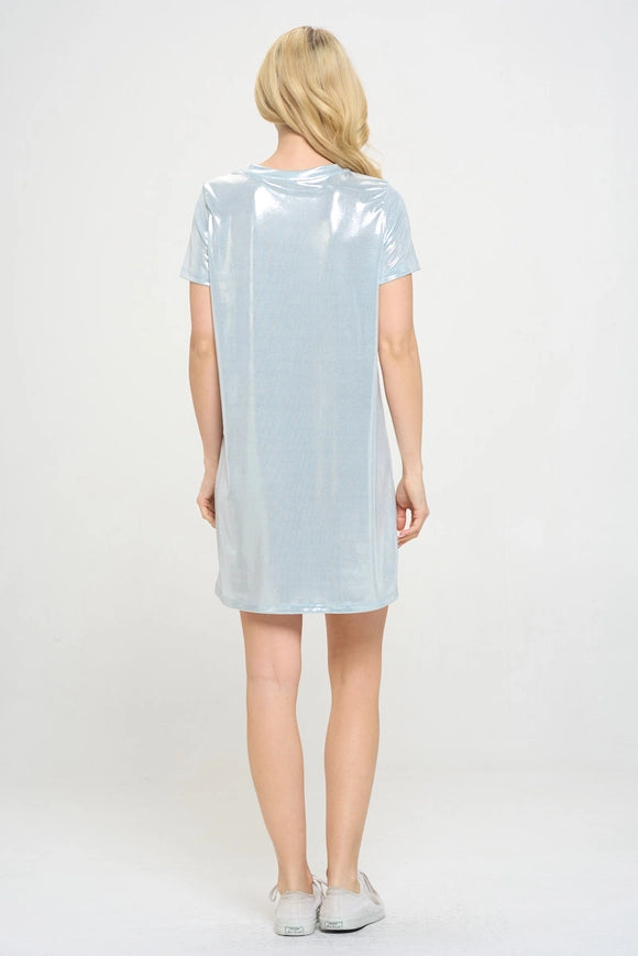 Made in USA Metallic Short Sleeve Dress Blue-Dress-Renee C.-Urbanheer