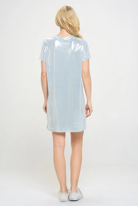 Made in USA Metallic Short Sleeve Dress Blue-Dress-Renee C.-Blue-S-Urbanheer