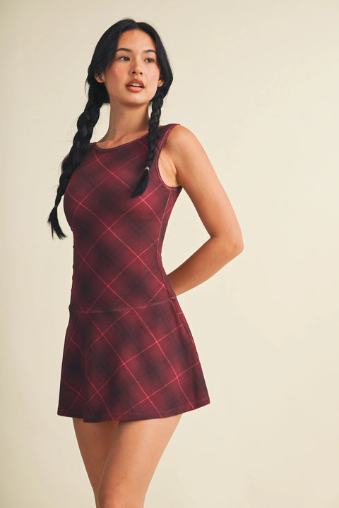 Plaid Print A-Line Mini Dress with Drop Waist