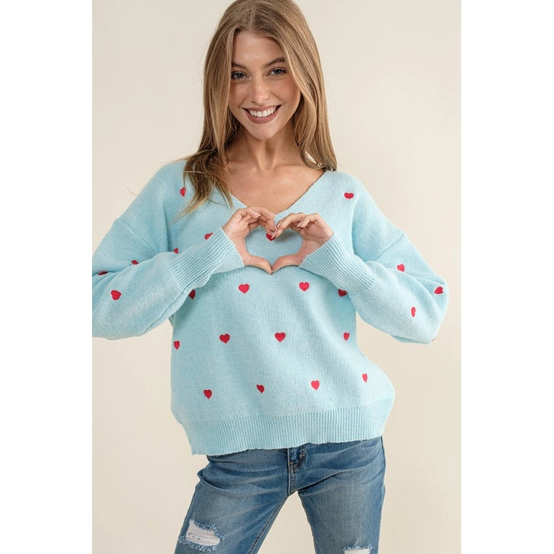 Plus Size Heart Pattern Boxy Knit Pullover Sweater Light Blue-SWEATER-Pink Irene Wholesale-1X/2X-Urbanheer