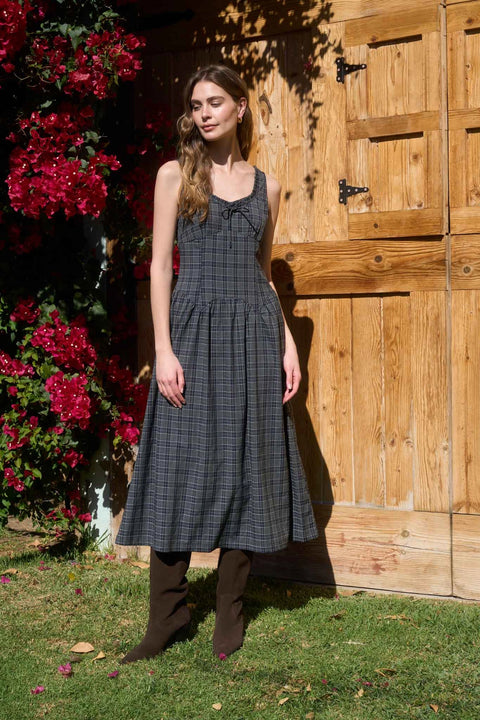 Plaid Low Waist Scoop Neck Midi Dress