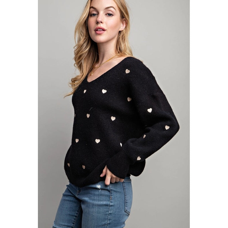 Plus Size Heart Pattern Boxy Knit Pullover Sweater Black-SWEATER-Pink Irene Wholesale-1X/2X-Urbanheer