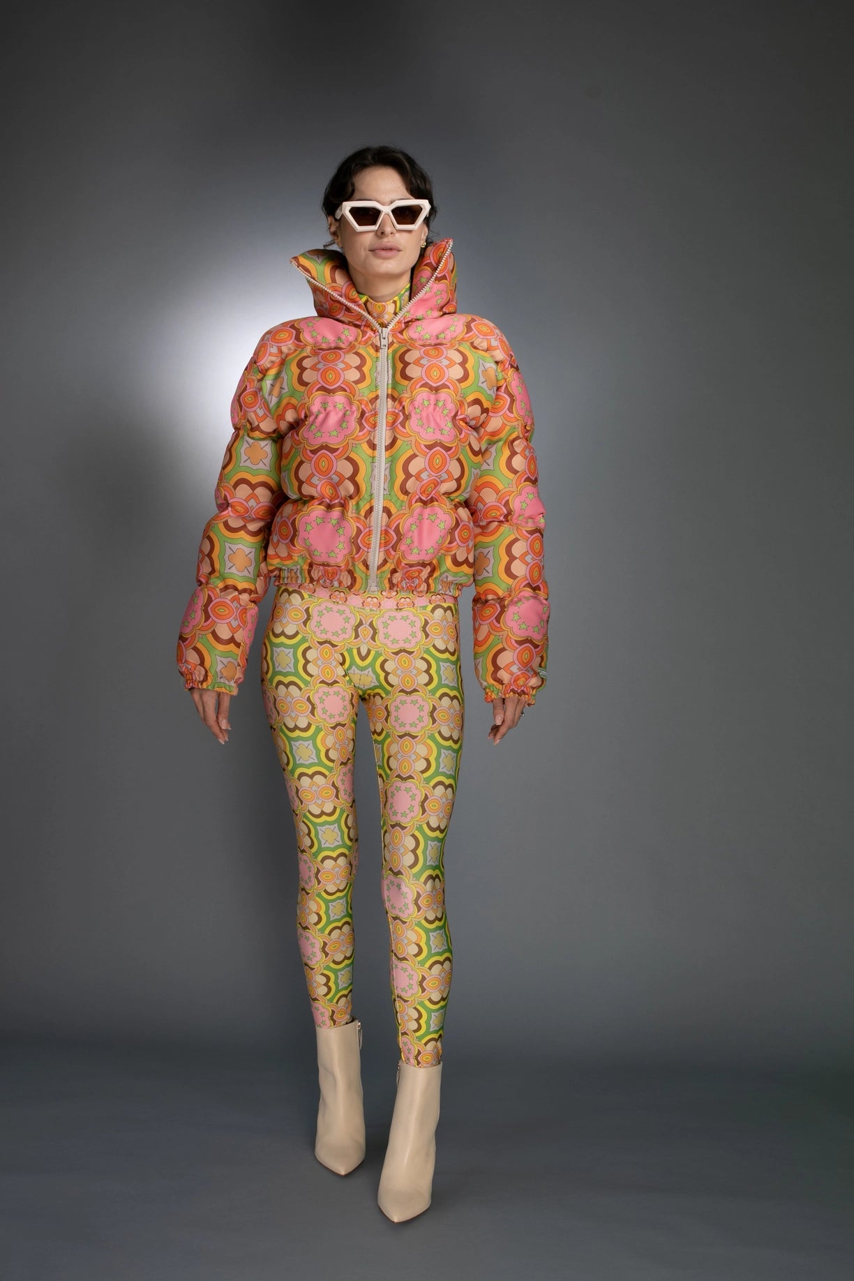 Long Sleeves Cowl Neck Lustrous Printed Puffer Jacket-Nuvula-S-Urbanheer