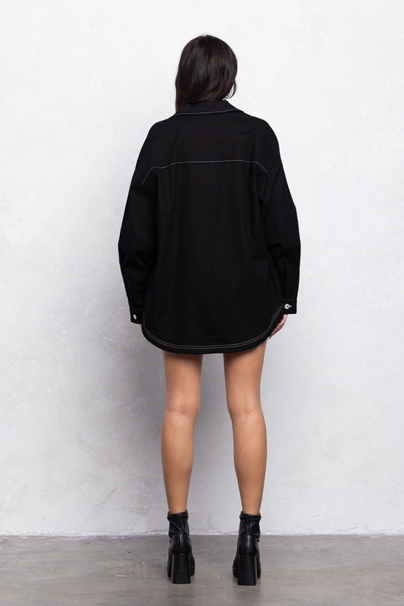 Stitch Detail Loose Fit Shacket and Mini Skirt Set BLACK-Sets-No Vacancy-S-Urbanheer